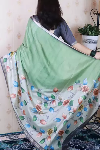 soft tussar silk blend kalamkari unique printed zari woven saree
