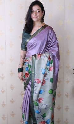 soft tussar silk blend kalamkari unique printed zari woven saree 2