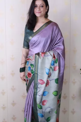 soft tussar silk blend kalamkari unique printed zari woven saree