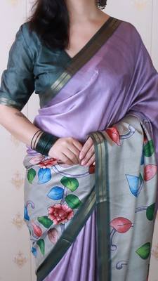 soft tussar silk blend kalamkari unique printed zari woven saree 3