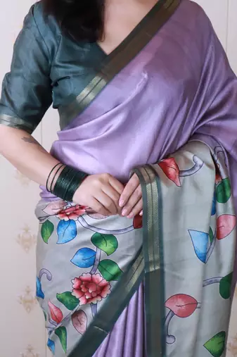 soft tussar silk blend kalamkari unique printed zari woven saree