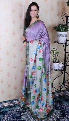 soft tussar silk blend kalamkari unique printed zari woven saree 4