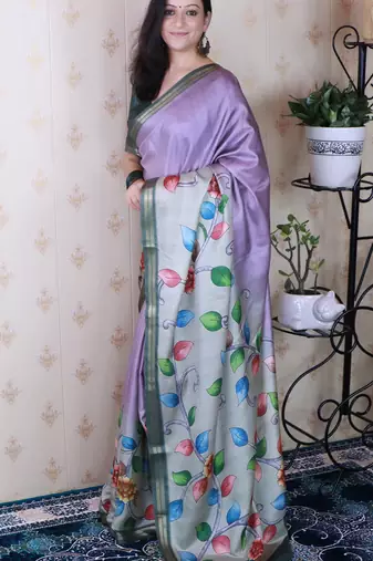 soft tussar silk blend kalamkari unique printed zari woven saree