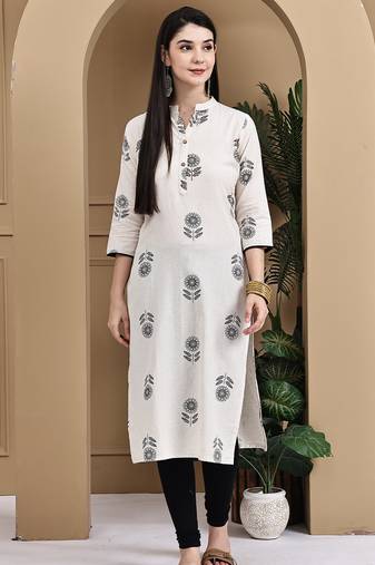 Beige women's cotton jaipuri printed kurti