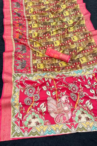 Pink printed with weaving border soft dola Art silk saree  with unstitched blouse