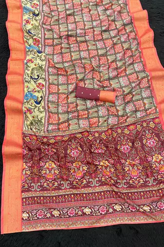 Peach printed with weaving border  soft dola Art silk saree  with unstitched blouse
