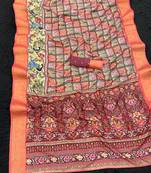 Peach printed with weaving border  soft dola Art silk saree  with unstitched blouse