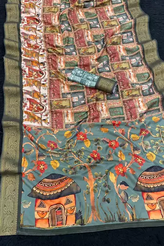 Rama printed with weaving border  soft dola Art silk saree  with unstitched blouse