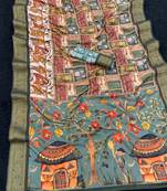 Rama printed with weaving border  soft dola Art silk saree  with unstitched blouse