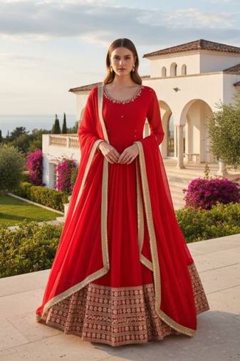 Red Georgette Sequins Anarkali set