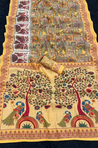 yellow kalamkari printed shimmar saree with unstitched blouse