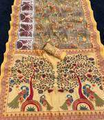 yellow kalamkari printed shimmar saree with unstitched blouse