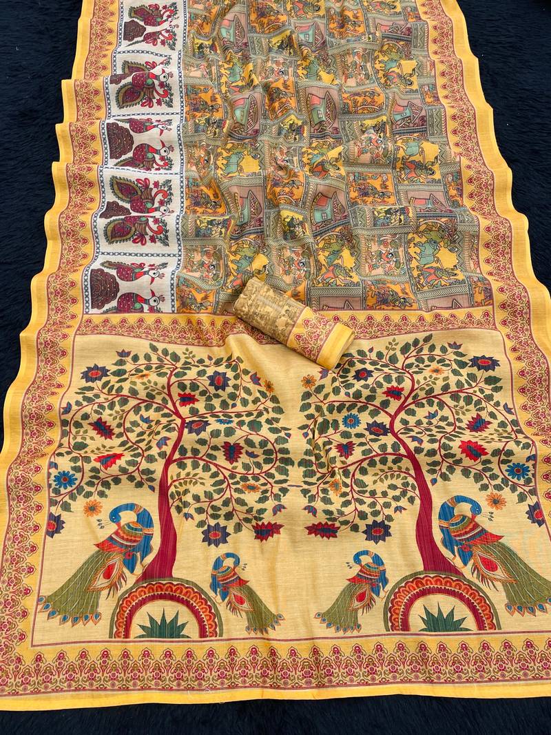 yellow kalamkari printed shimmar saree with unstitched blouse