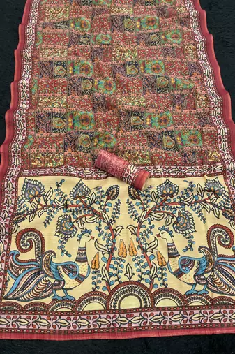 cream kalamkari printed shimmar saree with unstitched blouse