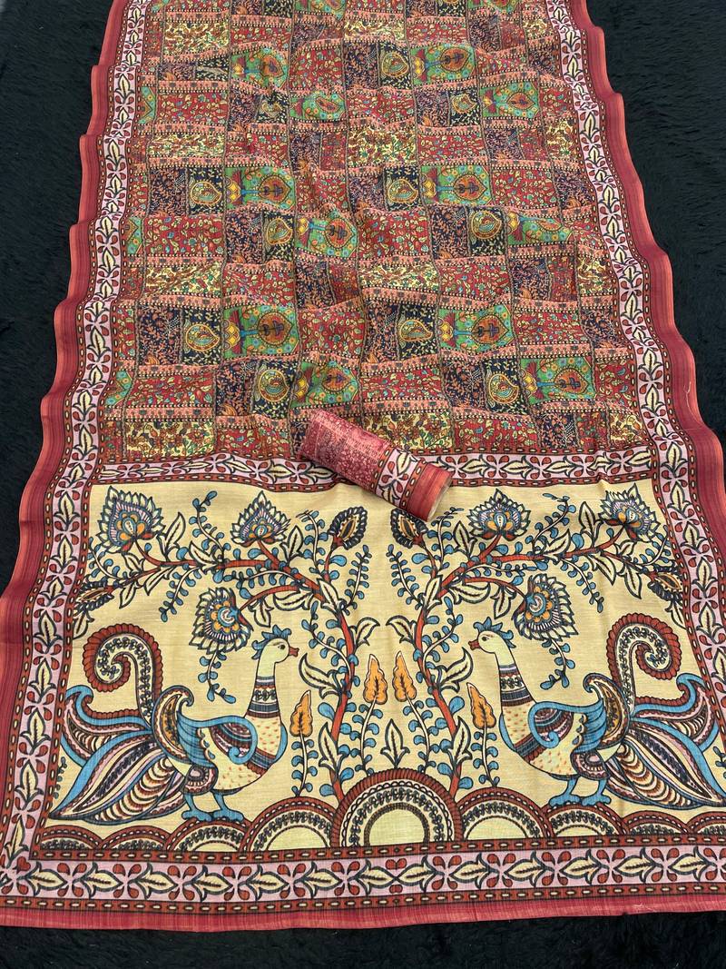 cream kalamkari printed shimmar saree with unstitched blouse