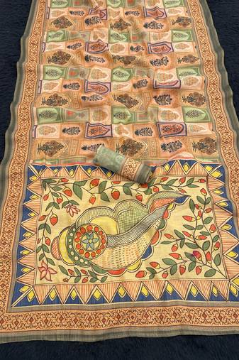 gajri kalamkari printed shimmar saree with unstitched blouse