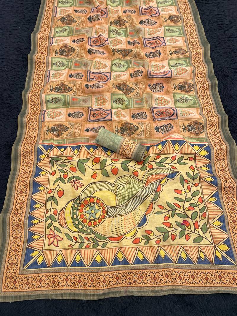 gajri kalamkari printed shimmar saree with unstitched blouse