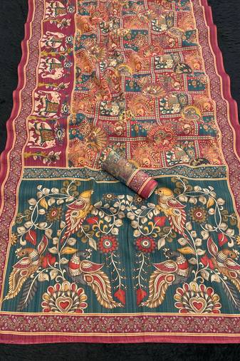 rama kalamkari printed shimmar saree with unstitched blouse