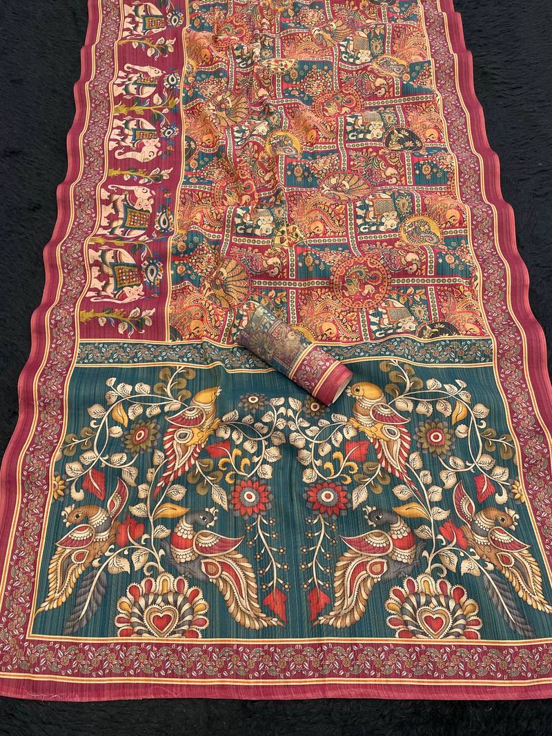 rama kalamkari printed shimmar saree with unstitched blouse