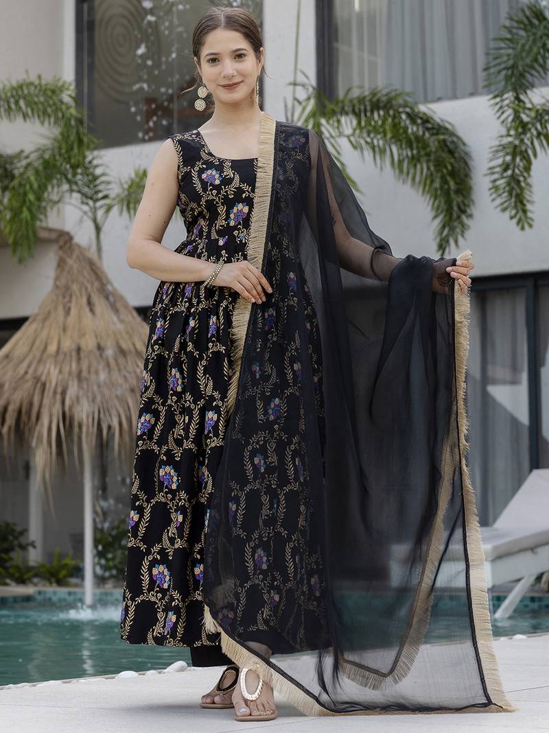 Women's Gorgeous Printed Muslin Fabric Flared Kurta Pant and Dupatta Set