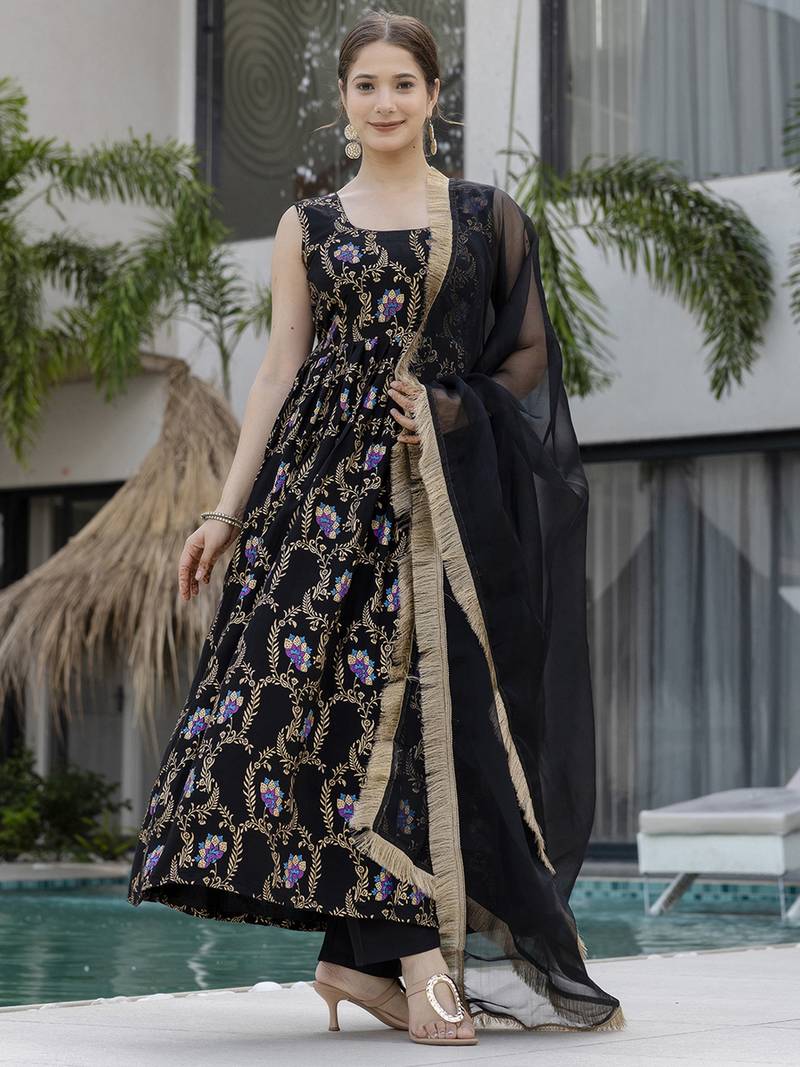 Women's Gorgeous Printed Muslin Fabric Flared Kurta Pant and Dupatta Set