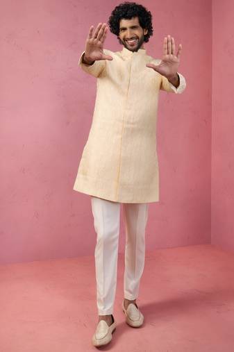 Vastramay beige jacquard indo-western kurta with cream trousers - wedding set