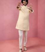Vastramay beige jacquard indo-western kurta with cream trousers - wedding set