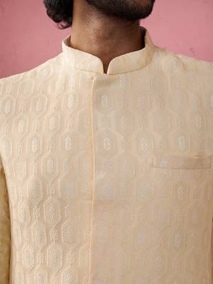 beige jacquard indo-western kurta with cream trousers - wedding set 2