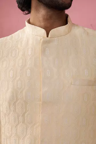 beige jacquard indo-western kurta with cream trousers - wedding set