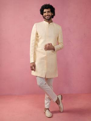 beige jacquard indo-western kurta with cream trousers - wedding set 3