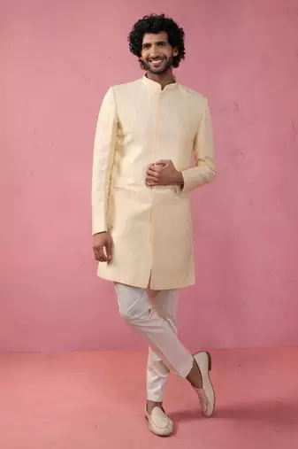 beige jacquard indo-western kurta with cream trousers - wedding set