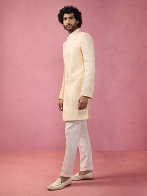beige jacquard indo-western kurta with cream trousers - wedding set 4