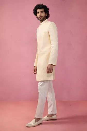 beige jacquard indo-western kurta with cream trousers - wedding set