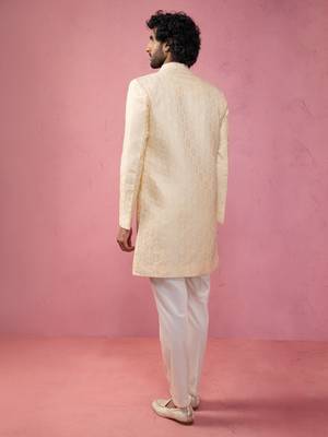 beige jacquard indo-western kurta with cream trousers - wedding set 5