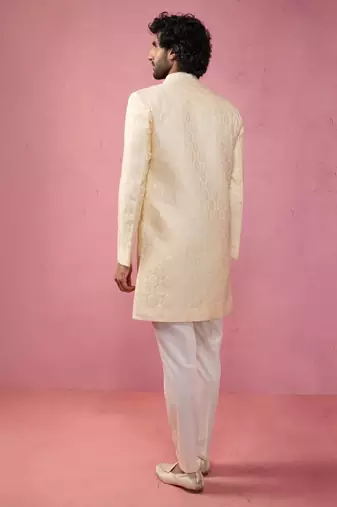 beige jacquard indo-western kurta with cream trousers - wedding set