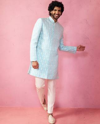 blue jacquard indo-western kurta with cream trousers - premium festive set 1