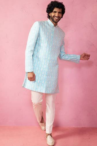 Vastramay blue jacquard indo-western kurta with cream trousers - premium festive set