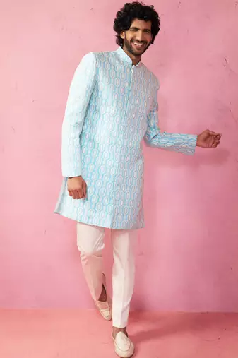 Vastramay blue jacquard indo-western kurta with cream trousers - premium festive set