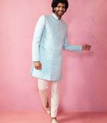 Vastramay blue jacquard indo-western kurta with cream trousers - premium festive set