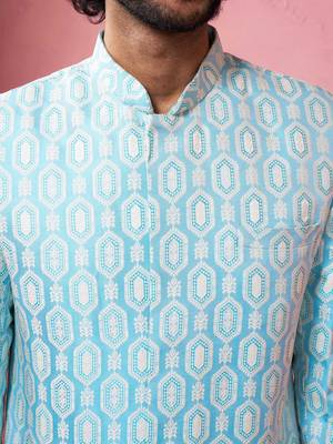 blue jacquard indo-western kurta with cream trousers - premium festive set 2