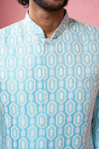 blue jacquard indo-western kurta with cream trousers - premium festive set