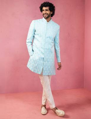 blue jacquard indo-western kurta with cream trousers - premium festive set 3
