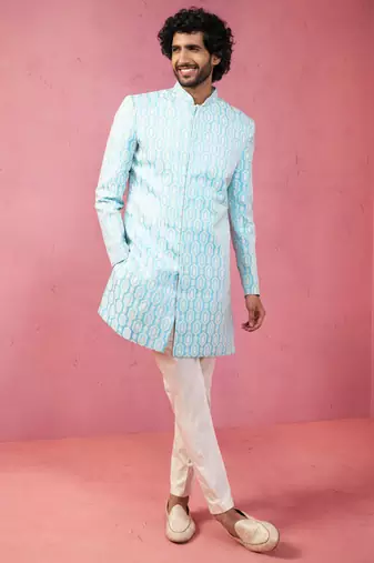 blue jacquard indo-western kurta with cream trousers - premium festive set
