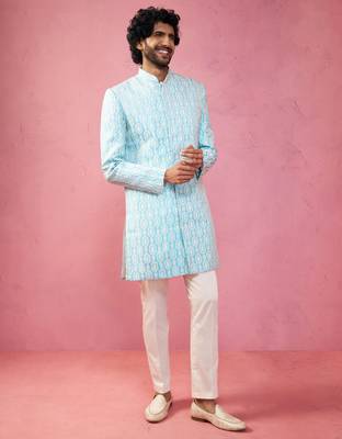 blue jacquard indo-western kurta with cream trousers - premium festive set 4