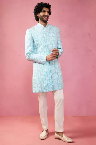 blue jacquard indo-western kurta with cream trousers - premium festive set