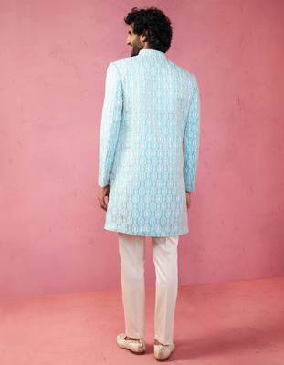 blue jacquard indo-western kurta with cream trousers - premium festive set 5