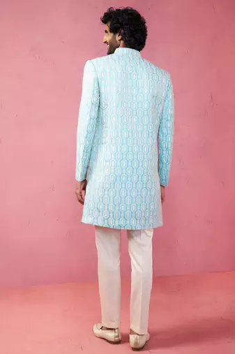 blue jacquard indo-western kurta with cream trousers - premium festive set