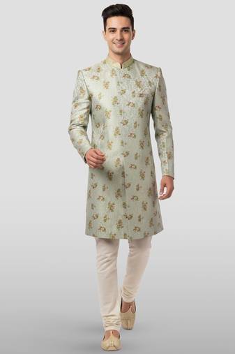 Vastramay green jacquard sherwani with cream pyjama - embroidered wedding set