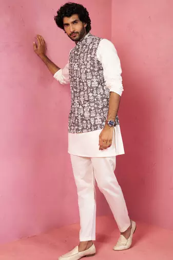 Vastramay men's grey nehru jacket set - 3 piece traditional outfit with kurta & pyjama