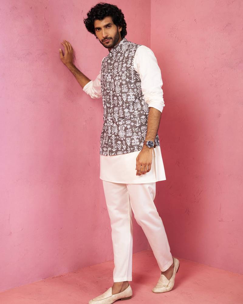 Vastramay men's grey nehru jacket set - 3 piece traditional outfit with kurta & pyjama